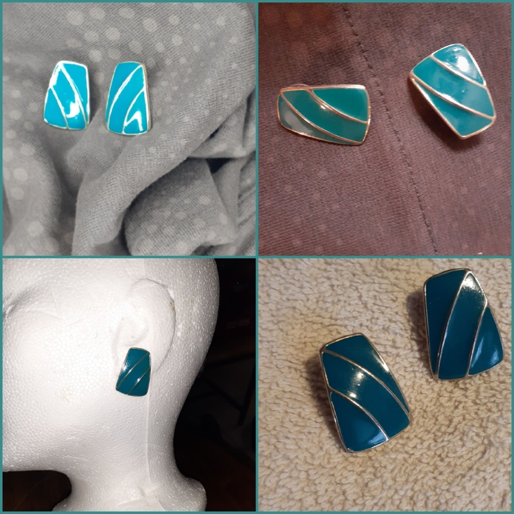 80's Green Silver Pierced Earrings